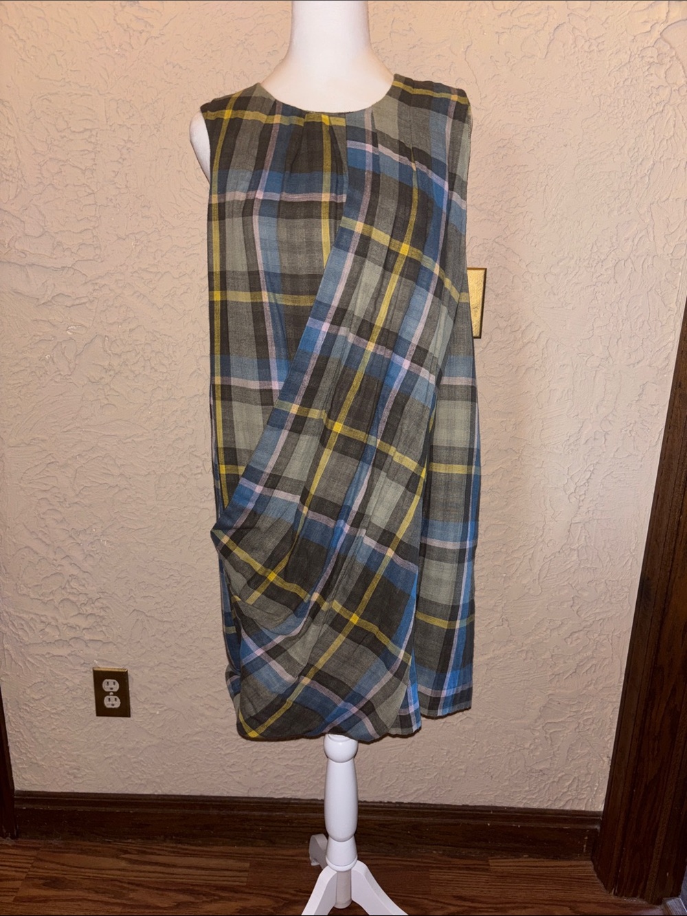 Sleeveless Plaid A-Line Skirt Dress in Blue, Gray & Yellow